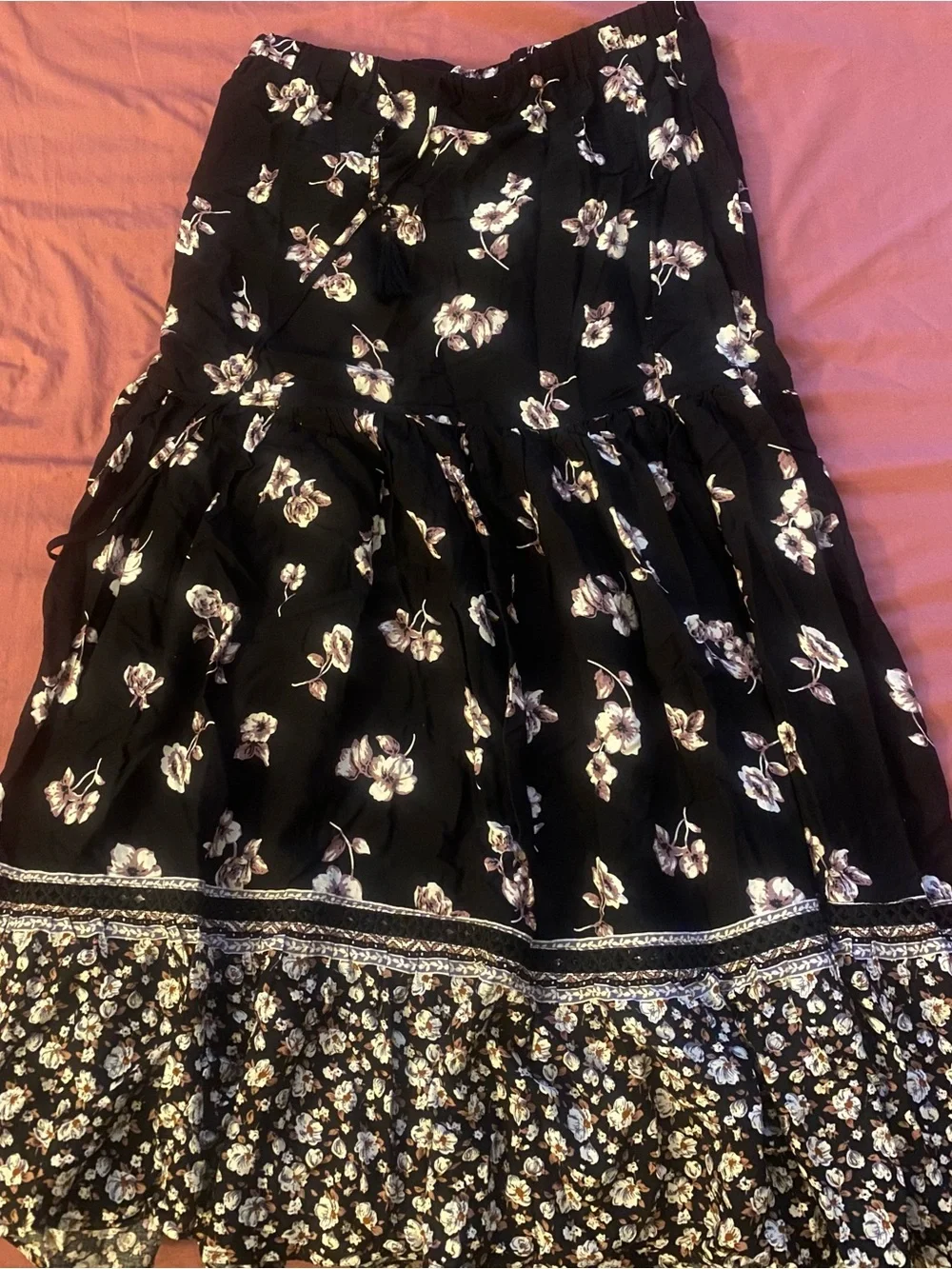 Black Floral Tiered Maxi Skirt - Elegant Women's Skirt